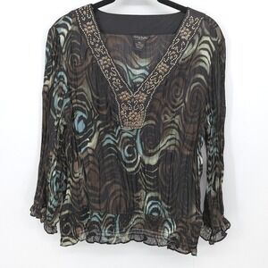 Sunny Taylor Y2K Blouse Womens Petite PXL Black Swirl Beaded Sheer Whimsygoth